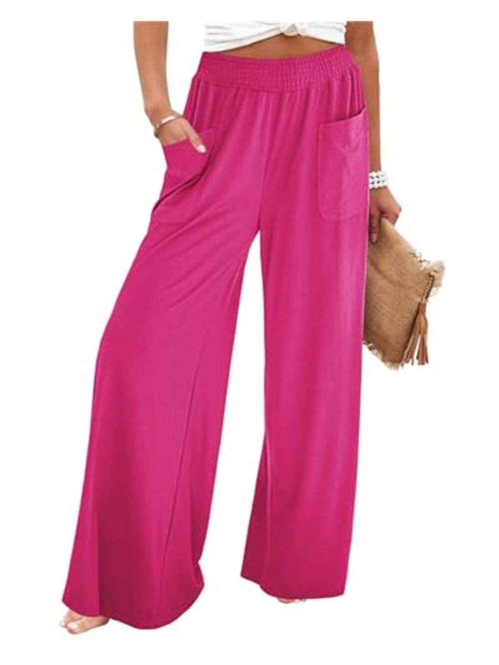 Hot Pink Wide Leg Palazzo Pants High Waist Smocked Bell Bottom Baggy Flowy
